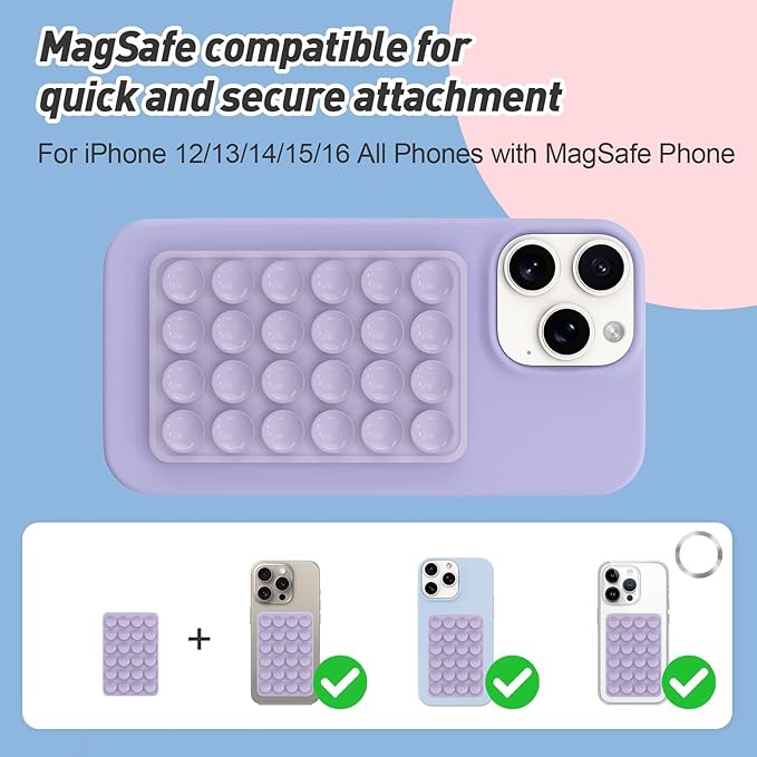 Magnetic Suction Phone Mount for MagSafe Case,Silicone Sticky Phone Grip Holder for iPhone,Removable Hands-Free Selfie/Video for TikTok & Instagram Influencer/Creator (Lavender)