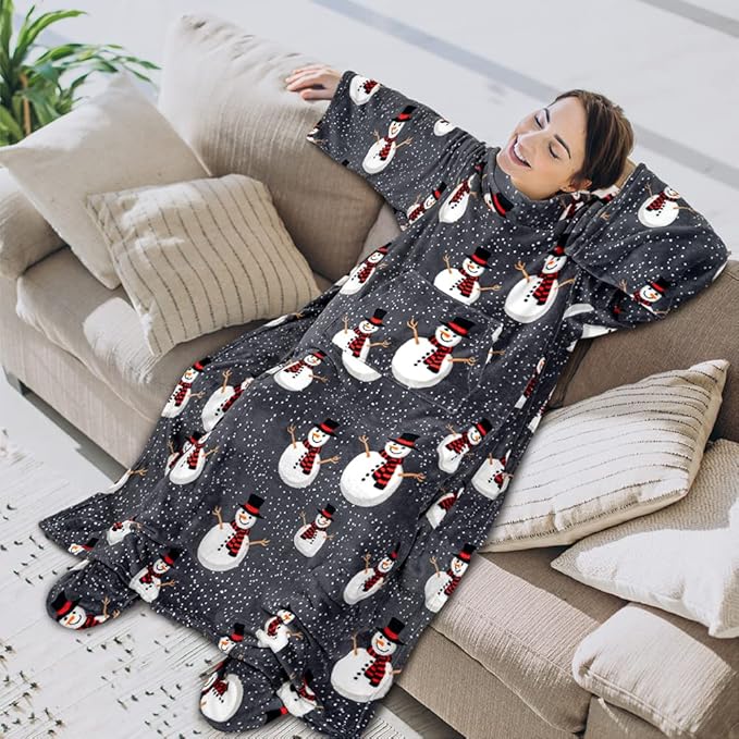 PAVILIA Fleece Blanket with Sleeves, Foot Pockets for Women Men Adults, Plush Wearable Blanket Throw Wrap, Warm Snuggle Blanket Robe, Cozy Gift Ideas Wife Mom, Snowman Gray