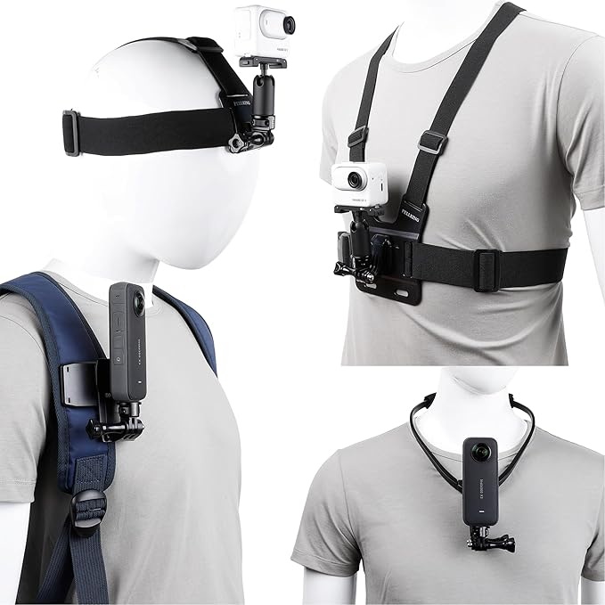PellKing Accessories Kit for Insta360 X5 X4 ONE X3 X2 X GO 3s RS R, 4in1 Chest Strap Harness/Head Mount/Neck Holder/Backpack Strap Mount for Insta 360 GoPro DJI Action Camera