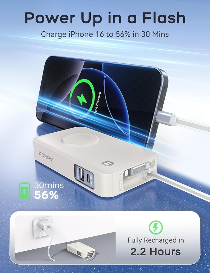 RORRY Portable Charger, 10,000mAh 30W Fast Charging Power Bank with Built-in Retractable Cables, Travel Battery Pack for iPhone 17/16/15/14/13/12, Apple Watch, iPad and More, Starlight