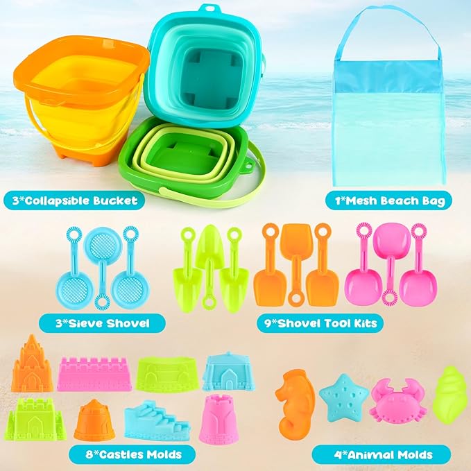 Dreamon Beach Toys for Kids 3-10, Collapsible Sand Toys Include 3 Pack Foldable Buckets, 24 PCS Beach Mold and Shovels Molds, Travel Sandbox Beach Toys for Kids Toddler with Mesh Bag