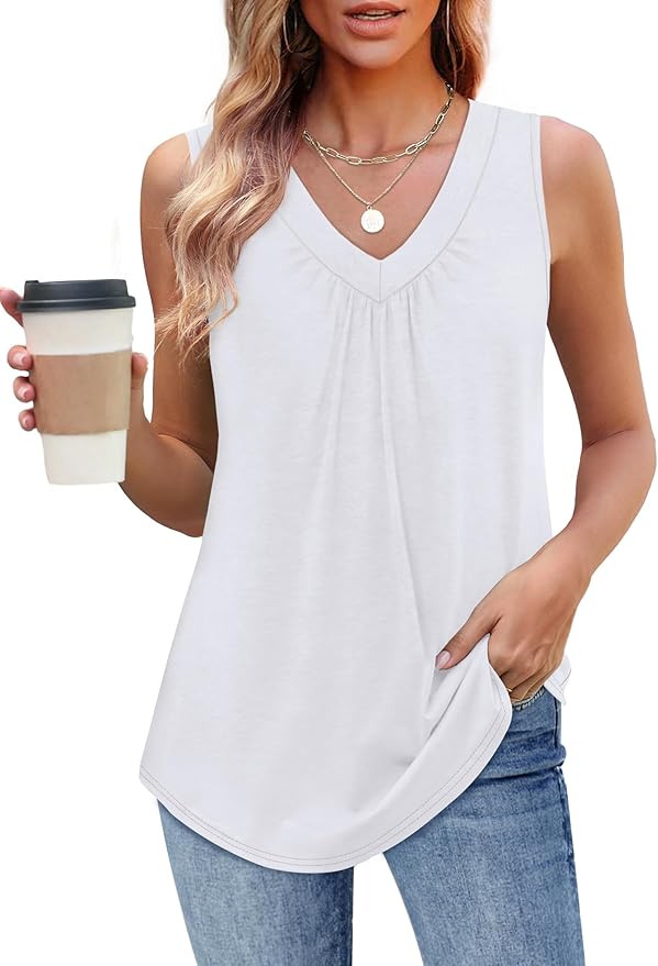 OFEEFAN Tank Top for Women Loose Fit Sleeveless Shirts V Neck Summer Clothes Ruched Women's Tees and Tanks Curved Hem