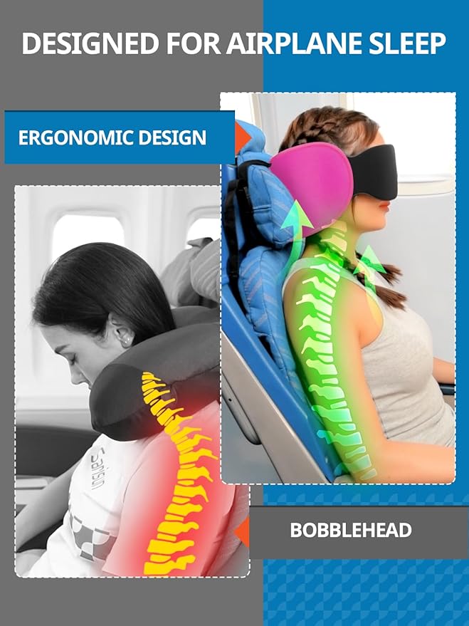 SARISUN Travel Pillows for Airplanes, Upgraded Airplane Pillow with 3D Eye Mask and Ear Cover Design for Long Flight, 360° Support Sleep Head Hold, Plane Headrest for Sleeping, Stop Bobblehead, Pink