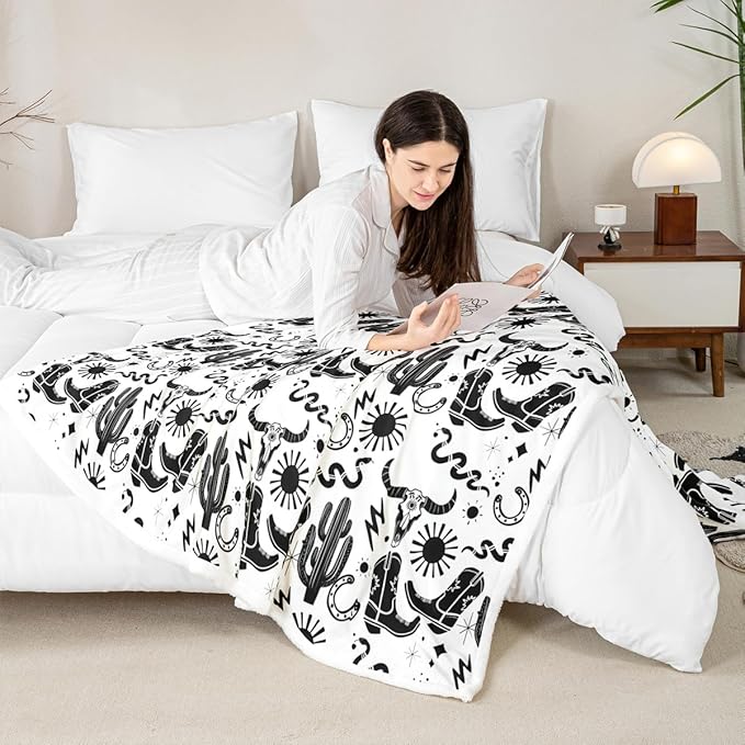 Western Cowboy Kids Throw Blanket,Horseshoe Cowboy Boots Cow Skull Bed Blanket for Girls Boys Adults,Sun Starry Sky Snake Fleece Blanket,Rustic Retro Fuzzy Blanket,Throw Size (50 x 60 Inches)