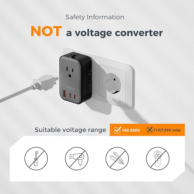 TESSAN Travel Adapter PD 20W, Universal Power Adapter 2 USB C 1 USB A, Ultra Thin International Plug Adaptor Worldwide Outlet for US to European UK Italy Spain New Zealand (Type C G A I), 1 Pack