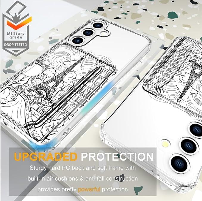 Compatible with Samsung Galaxy S24+ Plus / S25+ Plus Case Card Holder for Women Cute Design,Wallet Phone Cases Transparent Cool Kawaii Protective (Clear Paris City Eiffel Tower)