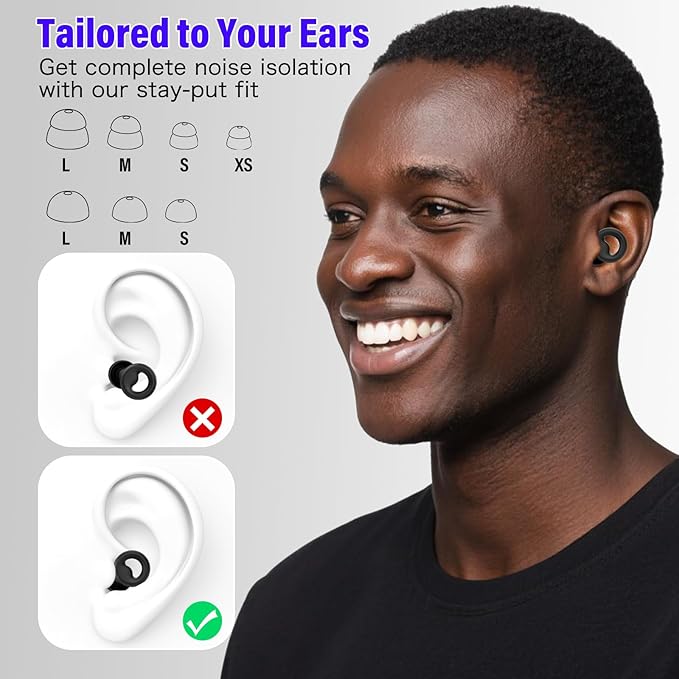Ear Plugs for Sleeping Noise Cancelling, Reusable 35-46dB Noise Reduction Earplugs with 7 Silicone Ear Tips & Carry Case, Comfortable Hearing Protection for Sleep, Work, Study, Travel & Concerts Black