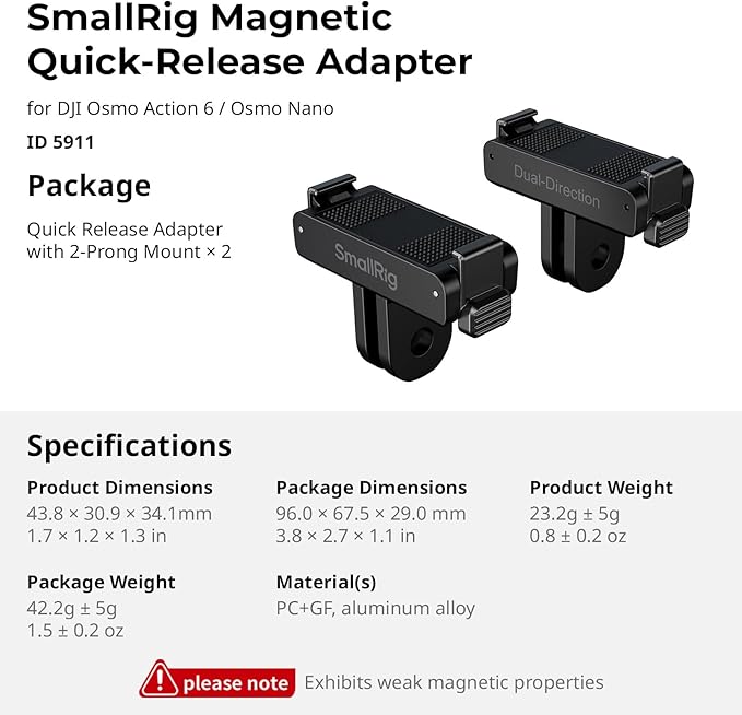 SmallRig Action 6 / Nano Magnetic Quick-Release Adapter Mount for DJI Osmo Action 6 / Osmo Nano, 2 PCS with 2-Prong Mount for Tripod/Selfie Stick