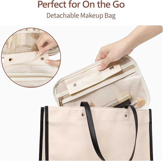 PACKISM Hanging Travel Bag for Traveling - Soft PU Leather Waterproof Travel Toiletry Bag for Full-Sized Toiletries, with Inner Pockets for Small Items, U Wide Open and Detachable Bag, Off White (L)