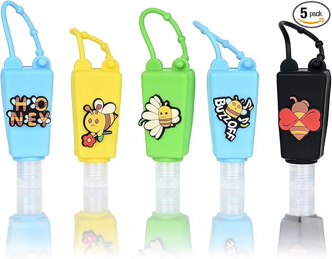 5-Pack Cartoon Kids Hand Sanitizer Holder, 30ml Travel Size Refillable Bottles with Silicone Case, Leak-Proof Portable Containers for Lotion & Liquid Soap (Buzzy Bee)