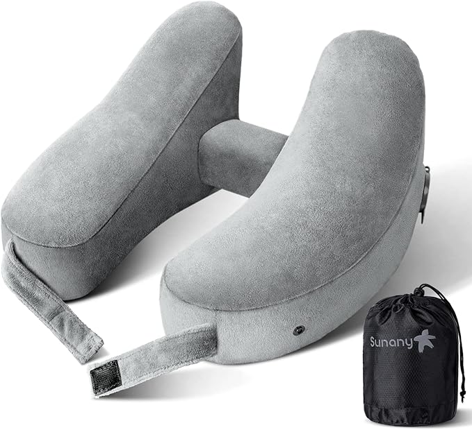 Sunany Travel Neck Pillow for Airplane Pillow Comfortably Supports Head, Neck and Chin, Inflatable Travel Pillow with Soft Velour Cover and Portable Drawstring Bag (Black) (Grey, H)