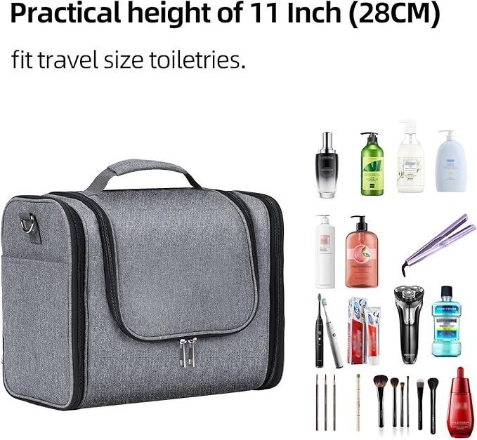 Buruis Extra Large Toiletry Bag for Women and Men, Hanging Travel Bag with Detachable Shoulder Strap for Full-Sized Toiletries, Water-Resistant Dopp Kit for Family Use and Long Trips, Oxford Gray