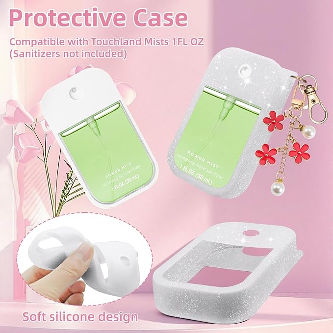 Silicone Case Compatible with Touchland Hand Sanitizer Spray Mist 1 oz with Flower keychain
