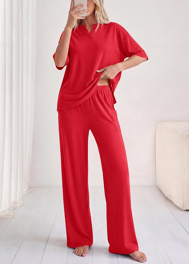 KIRUNDO Womens 2 Piece Matching Lounge Set Airport Travel Vacation Summer Outfits Oversized Short Sleeve Tops Wide Leg Pants