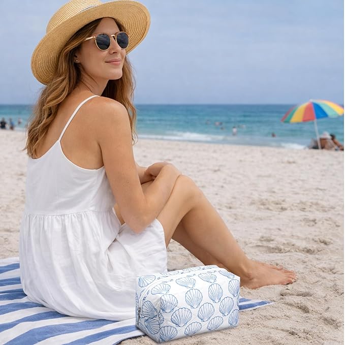 Hillban Ocean Quilted Cosmetic Bag Ocean Themed Gift Starfish Coral Seashell Essential Makeup Bag for Women Summer Travel Vacation Survival Kit Mother's Day Bulk Gift 8.7 x 4.3 x 4.3 in(Seashell)