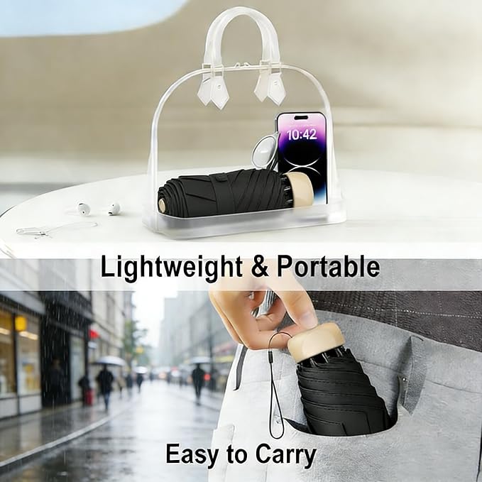 Windproof Mini Travel Folding Umbrella, UPF 50+ Sun & Rain Protection, Compact Lightweight, Eco-Friendly Fabric Wallet Umbrella Fits in Pocket Purse Backpack for Men Women Kids