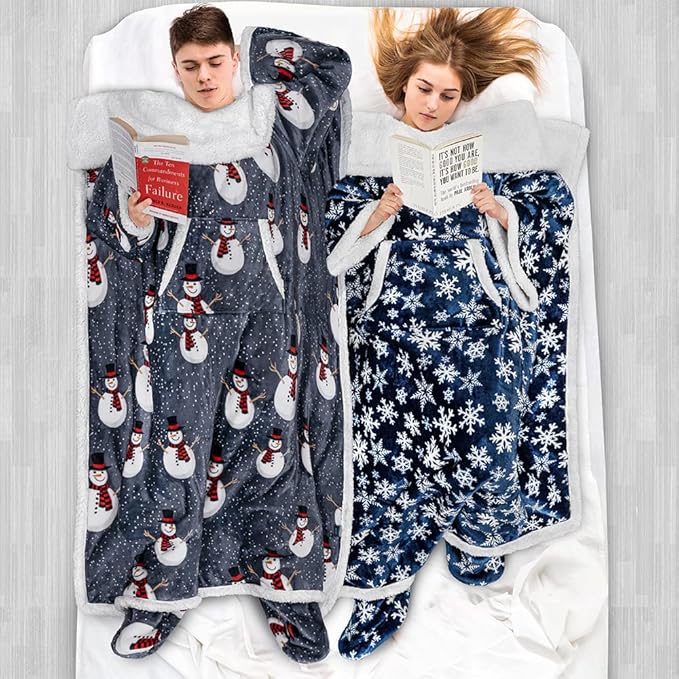 PAVILIA Sherpa Blanket with Sleeves, Foot Pocket for Women Men Adults, Thick Wearable Blanket Throw Wrap, Fleece Warm Snuggle Blanket Robe, Cozy Gift Ideas Wife Mom, Snowman Gray