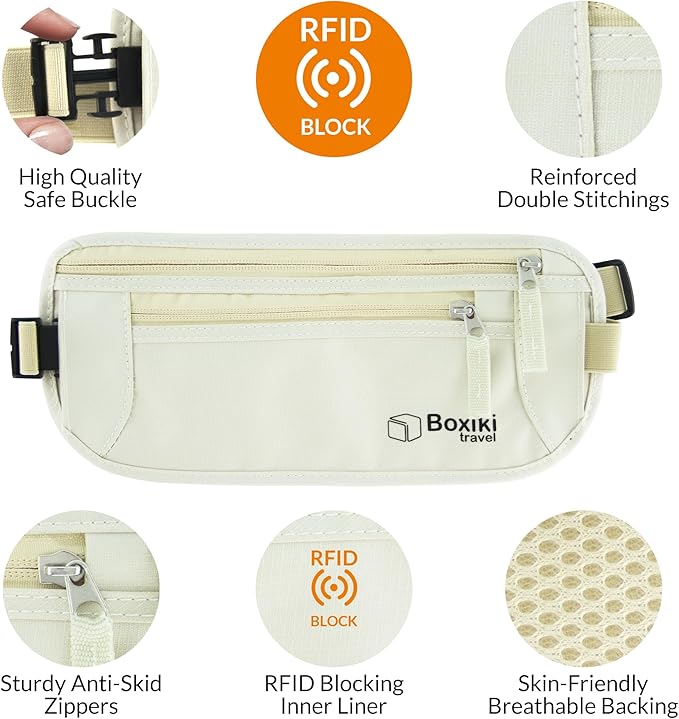 Boxiki Travel Beige Money Belt with RFID Sleeves Set - Secure Travel Pouch and RFID Card Holder to Protect Cash, Credit Cards and Travel Documents for Men and Women