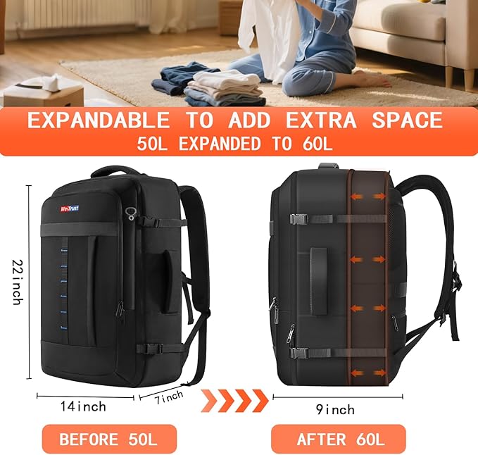 Travel Laptop Backpack, 50-60L Large Expandable Suitcase-Style Backpack for Business & Daily Travel, Carry-On Friendly with Side Water Bottle Pockets, Fits 18-Inch Laptops