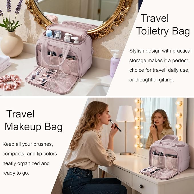 Bagstellar Travel Toiletry Bag for Women, Lightweight Large Quilted Puffy Makeup Bag Wide-open Make up Organizer Cloud Cosmetic Bag w/Handle for Traveling Toiletries Essentials Accessories Light Pink