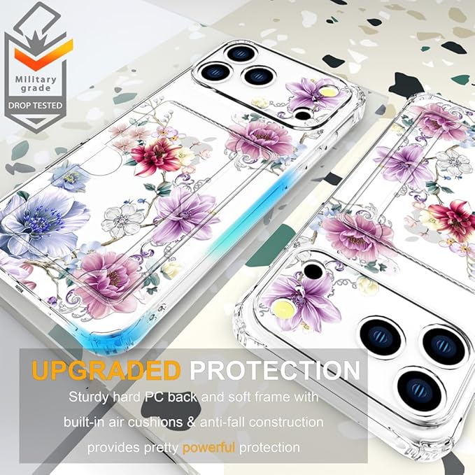 Compatible with iPhone 17 Pro Case Card Holder for Women Cute Design,Wallet Phone Cases Transparent Cool Kawaii Protective (Clear Wonderful Large Flowers)