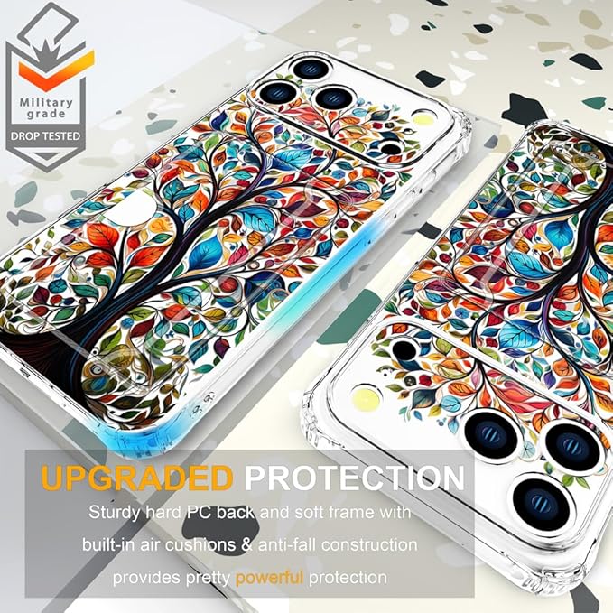 Compatible with iPhone 17 Pro Case Card Holder for Women Cute Design,Wallet Phone Cases Transparent Cool Kawaii Protective (Clear Tree Colorful Leaves)