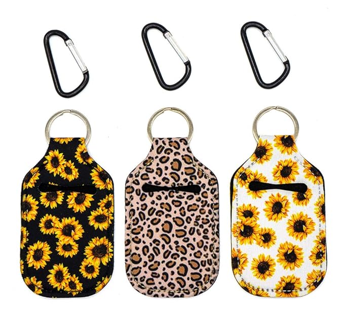 Hand Sanitizer Holder - 1 oz Travel Size Hand Sanitizer Keychain Holder, Attaches Easily with Key Ring and Carabiner Clip Sunflower Leopard