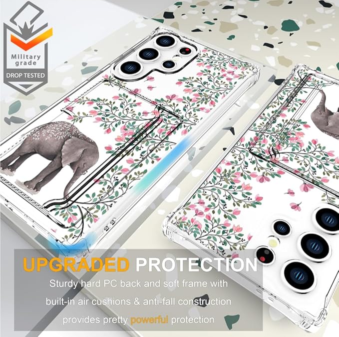 Compatible with Samsung Galaxy S24 Ultra Case Card Holder for Women Cute Design,Wallet Phone Cases Transparent Cool Kawaii Protective (Clear Elephant Flowers)