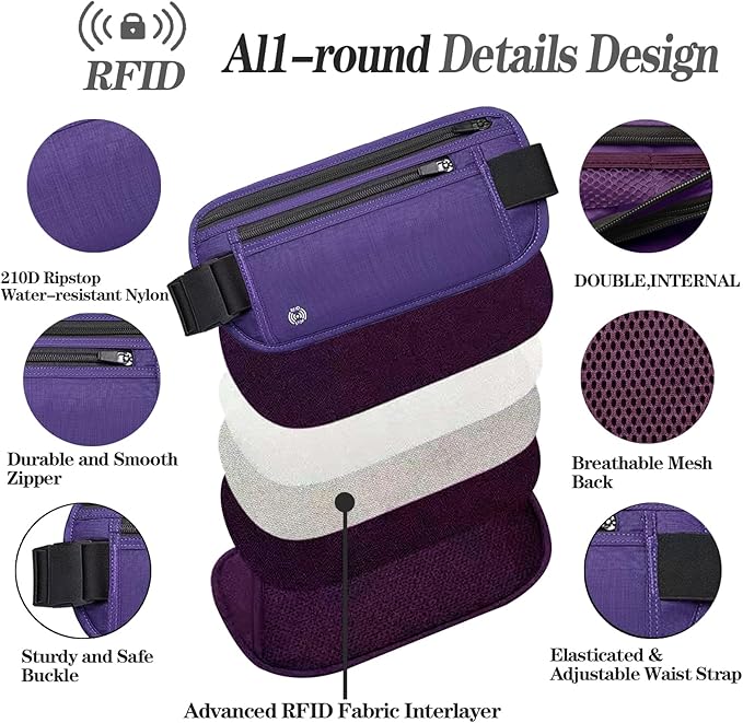 Purple Hidden Money Belt for Travel for Men, Waist Wallet Anti Theft, RFID Passport Holder For Travel Men Or Women, Money Pouch, RFID Passport Holder