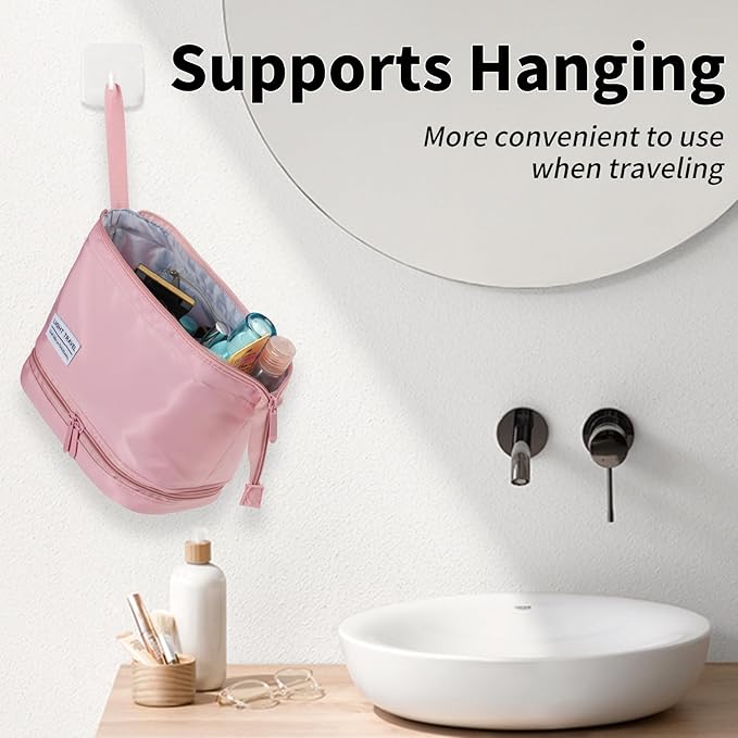 Hanging Travel Toiletry Bag for Women, Makeup Bag, Compact, sturdy, Lightweight, Waterproof, Simple and Practical, Functions As Both Cosmetic Organizer And Toiletry Bag (Woman, Pink)