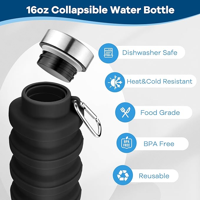 Collapsible Water Bottle,17oz Reuseable BPA Free Silicone Foldable Water Bottles for Travel Gym Camping Hiking Outdoor Indoor Sport-Light Blue