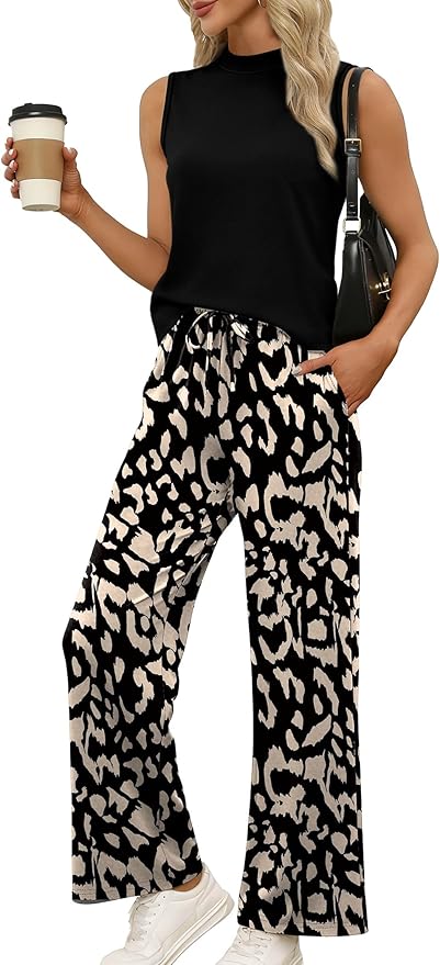 WIHOLL Two Piece Set for Women Summer Spring Outfits Cruise Travel Airport Beach Vacation Mock Neck Wide Leg Pants Set