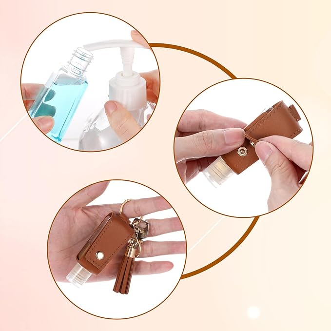 2Pcs Portable Leather Hand Sanitizer Holder, Travel Size Keychain Case Refillable Bottle for Toiletry Lotion Liquid Soap Shampoo (Black, Brown)