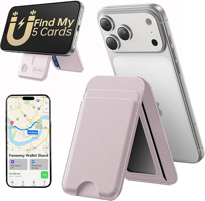 TWZKG for MagSafe Wallet, Works with Apple Find My,5 Card Holder with Stand, Magnetic Phone Wallet for iPhone 17/16/15/14/13/12 Pro Max Plus Air, RFID Blocking Vegan Leather,Pink