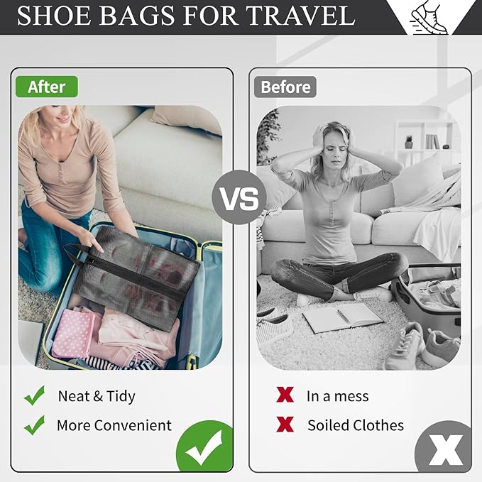 Shoe Bags for Travel, Set of 2 Pack Shoe Travel Bags for Packing, Large Waterproof Portable Travel Shoe Bag with Zipper Travel Gym Soccer Sneaker Golf Dance Essentials for Women and Men