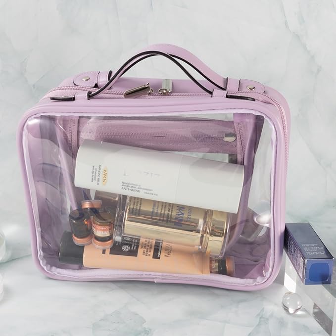 SANHECUN traveling toiletry bag clear cosmetics case makeup bag Dimensions | LxWxH:10” x 4.5” x 7.5” (Purple, Medium)