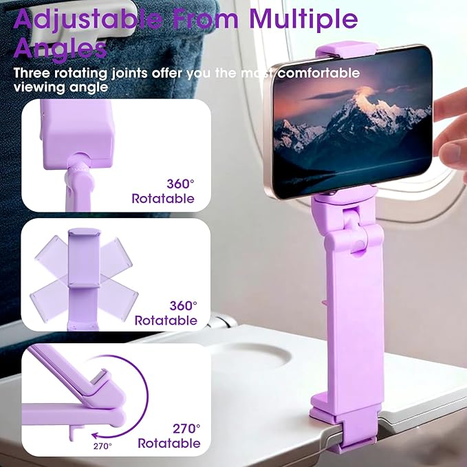Airplane Phone Holder, Foldable Phone Holder for Airplane Seat Back Luggage Pole Desk 360° Rotation for Multi-Directional Viewing, Travel Essentials Holds Cell Phones (Purple 1pcs)