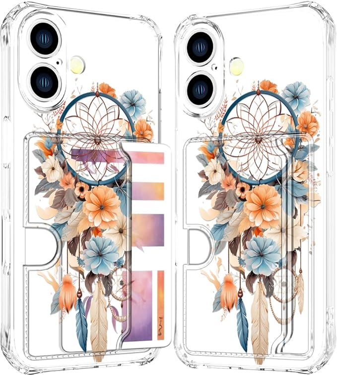 Compatible with iPhone 17 Case Card Holder for Women Cute Design,Wallet Phone Cases Transparent Cool Kawaii Protective (Clear Dreamcatcher Dream Cather)