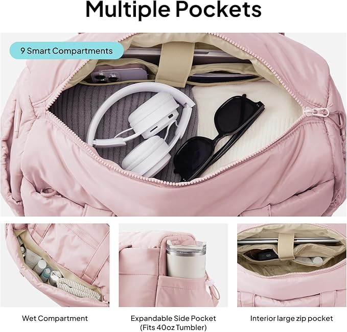 TOPEAST Weekender Bag for Women, Lightweight Puffer Travel Duffle Carry On Bag with Wet Pocket & 40oz Tumbler Pocket, Airline Approved Personal Item Overnight Bag, Pink