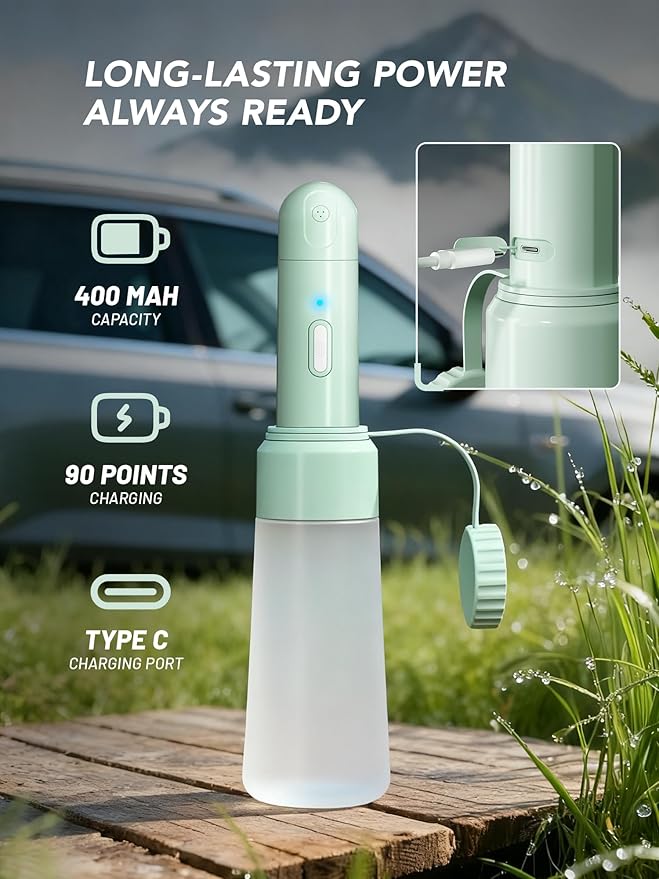 Electric Portable Bidet Sprayer Bottle Handheld for Women & Men, Travel Bidet Portable for Travel, Personal High Pressure Hygiene for Backpacking & Camping (VMASSTONE EPB-001 Mint Green)