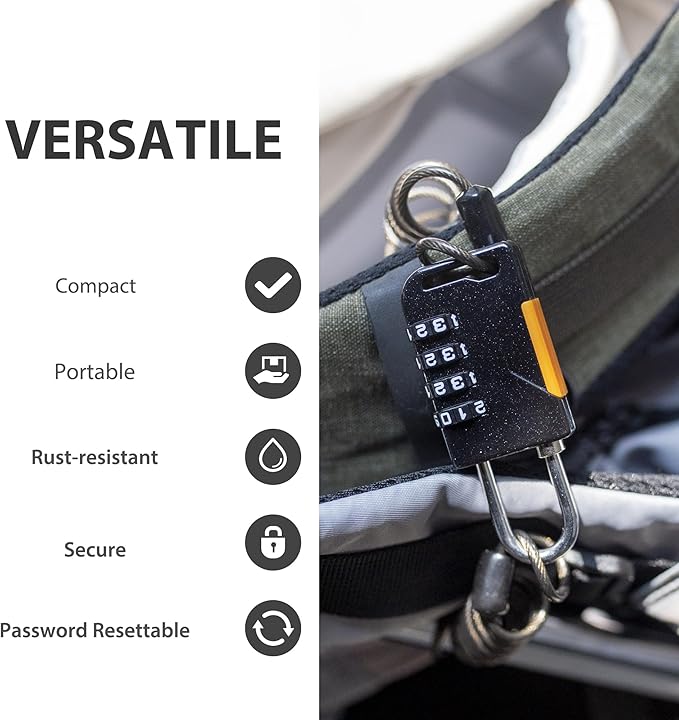Ski Lock, 4 Digit Combination Padlock with Retractable Cable (36in/91cm), Combo Cable Lock for Snowboard, Travel Luggage, Suitcases, Backpack, Bike, Fridge Door, Gym Locker (Black)