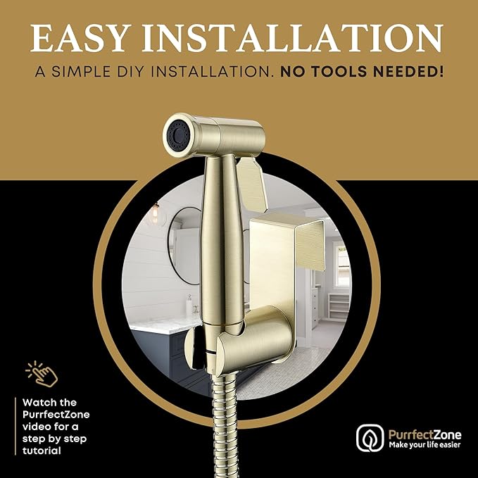 Purrfectzone Bidet Sprayer for Toilet, Bidet Sprayer for Feminine Wash, Premium Stainless Steel Jet Spray for Toilet, Wall-Mounted or Toilet Tank Mounted - Brushed Gold