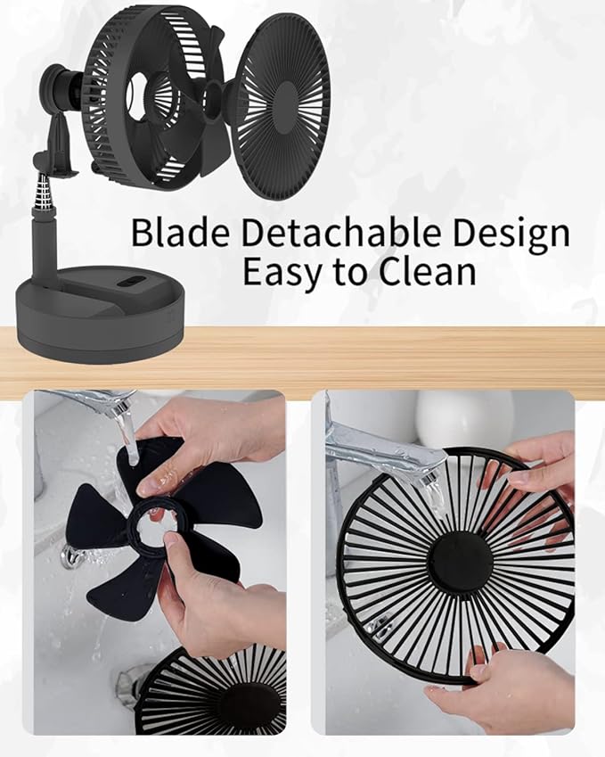 UN UNITEDTIME Foldable Fan Foldaway Oscillating with Remote Control, 10800mAh Battery Operated Fans, Portable for Outdoor, Courtyard, Beach,Travel, Room,4 Speeds, with Timer night light (Black)