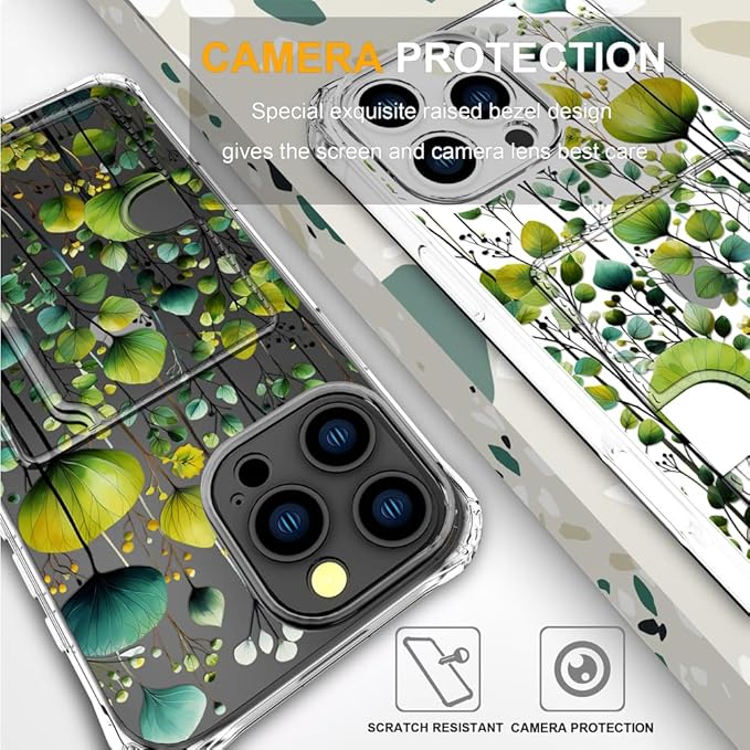 Compatible with iPhone 16 Pro Max Case Card Holder for Women Cute Design,Wallet Phone Cases Transparent Cool Kawaii Protective (Clear Green Flower Leaves Buds)