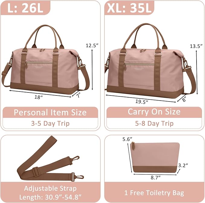ELONGRIVER Travel Duffle Bag for Women, Weekender Bags, Hospital Bag for Labor Delivery, Lightweight Tote Duffel Overnight Bag with Luggage Sleeve, Airplane Travel Bags with Toiletry Bag, Large, Pink