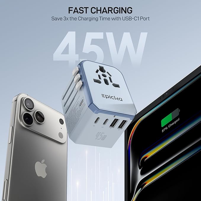 EPICKA Universal Travel Adapter GaN 45W, European Travel Plug Adapter with PD&QC Fast Charging(2 USB-A & 3 USB-C Ports) - Worldwide Travel Essentials, International Power Adapter for UK/US/AU