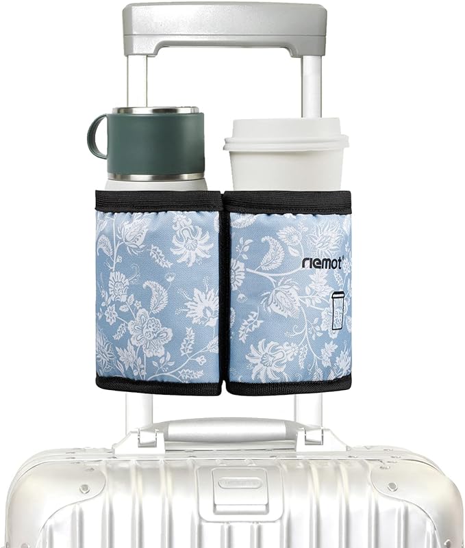riemot Luggage Travel Cup Holder Free Hand Drink Carrier - Hold Two Coffee Mugs - Fits Roll on Suitcase Handles - Gifts for Flight Attendants Travelers Accessories Blue Floral