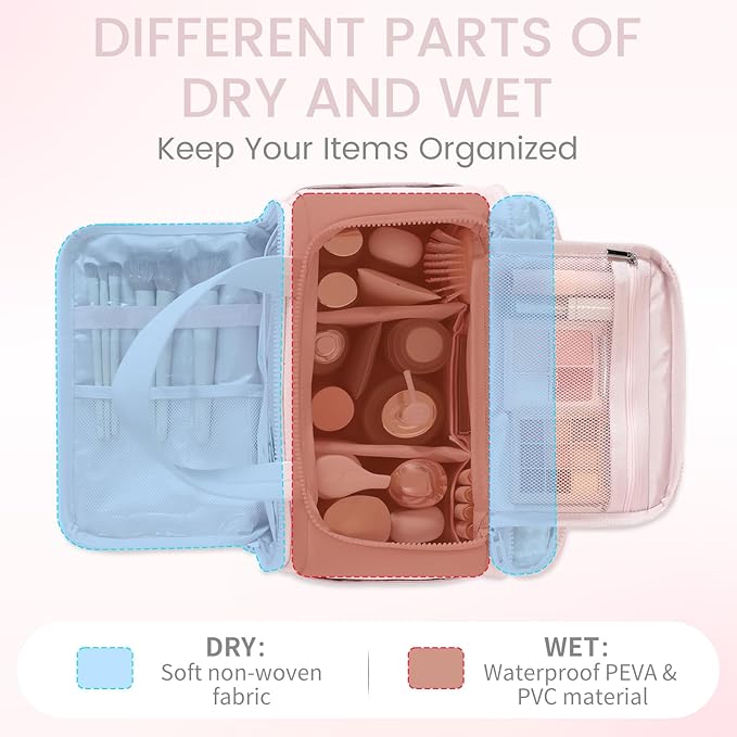 Cute Puffy Toiletry Bag for Women,Large Makeup Bag,Travel Cosmetic Bag with Adjustable Dividers & Trolley Sleeve,Toiletries Organizer,Light Pink