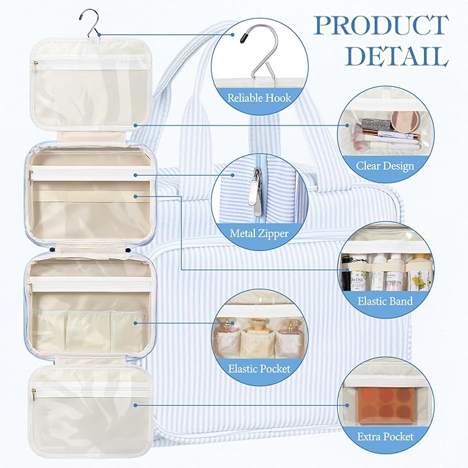 Huhumy Hanging Toiletry Bag for Women with Detachable Pouch, Travel Toiletry Bag, Travel Size Toiletries, Cosmetic Bags, Seersucker Makeup Bags Gifts for Her Mom Girlfriend Wife Teacher(Blue)