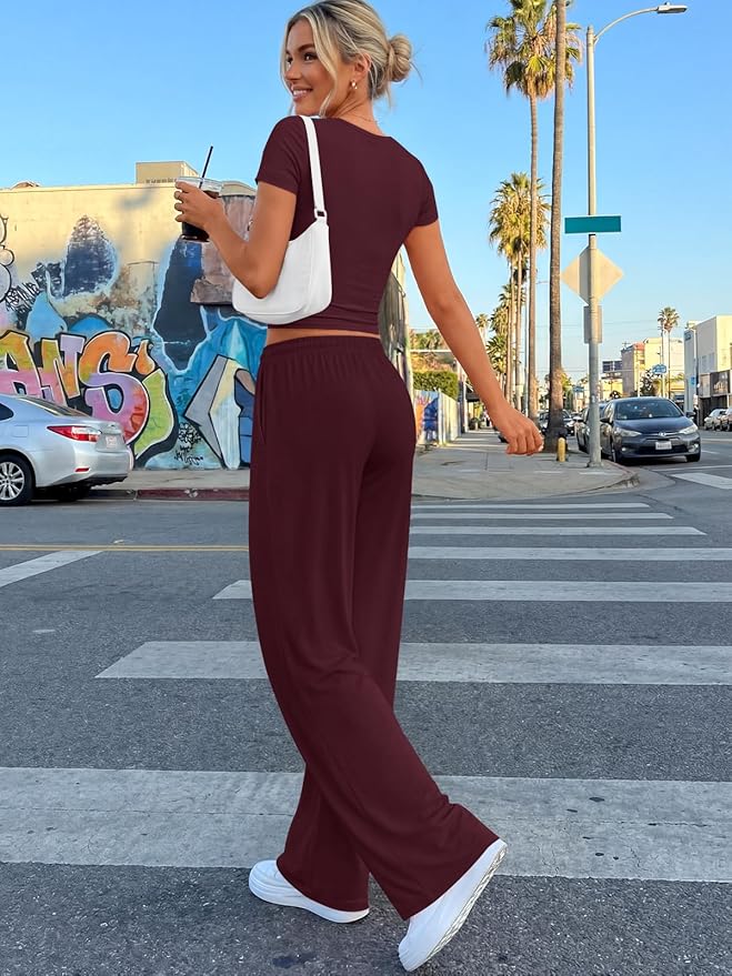 Trendy Queen 2 Piece Matching Summer Lounge Set Womens Side Ruching Top Wide Leg Pants Sets with Pockets